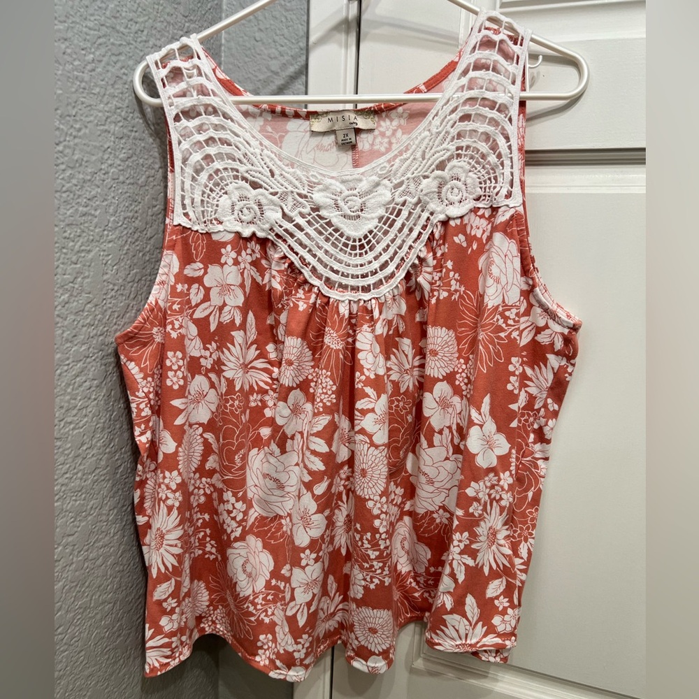Misia Floral Crochet Tank Top - Coral and White